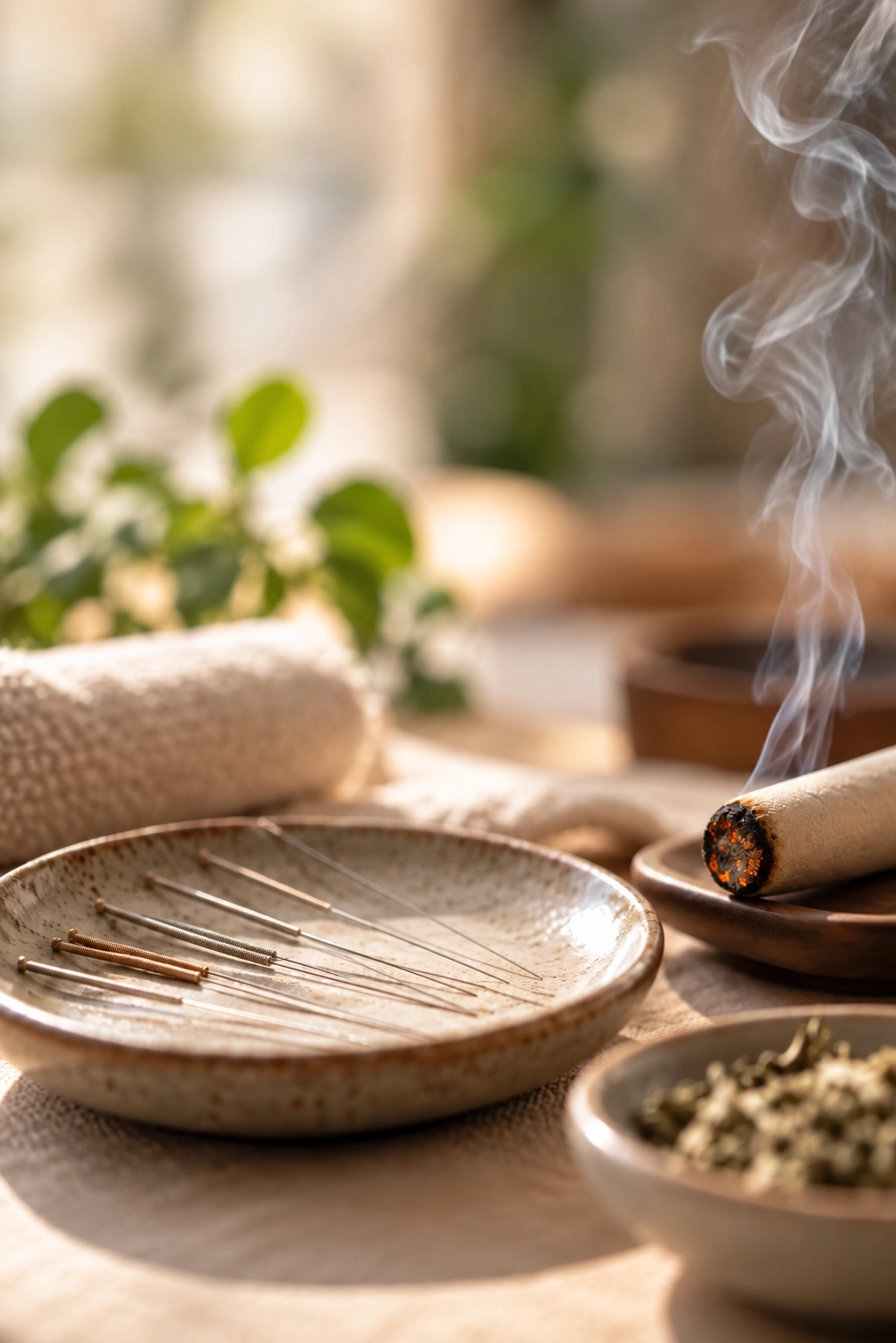 Agujas de acupuntura y moxa utilizadas en Medicina Tradicional China